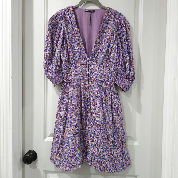 Zara Purple Blue Yellow Floral Puff Smocked Sleeve Sundress Mini, Deep Vneck, S - Picture 2 of 16